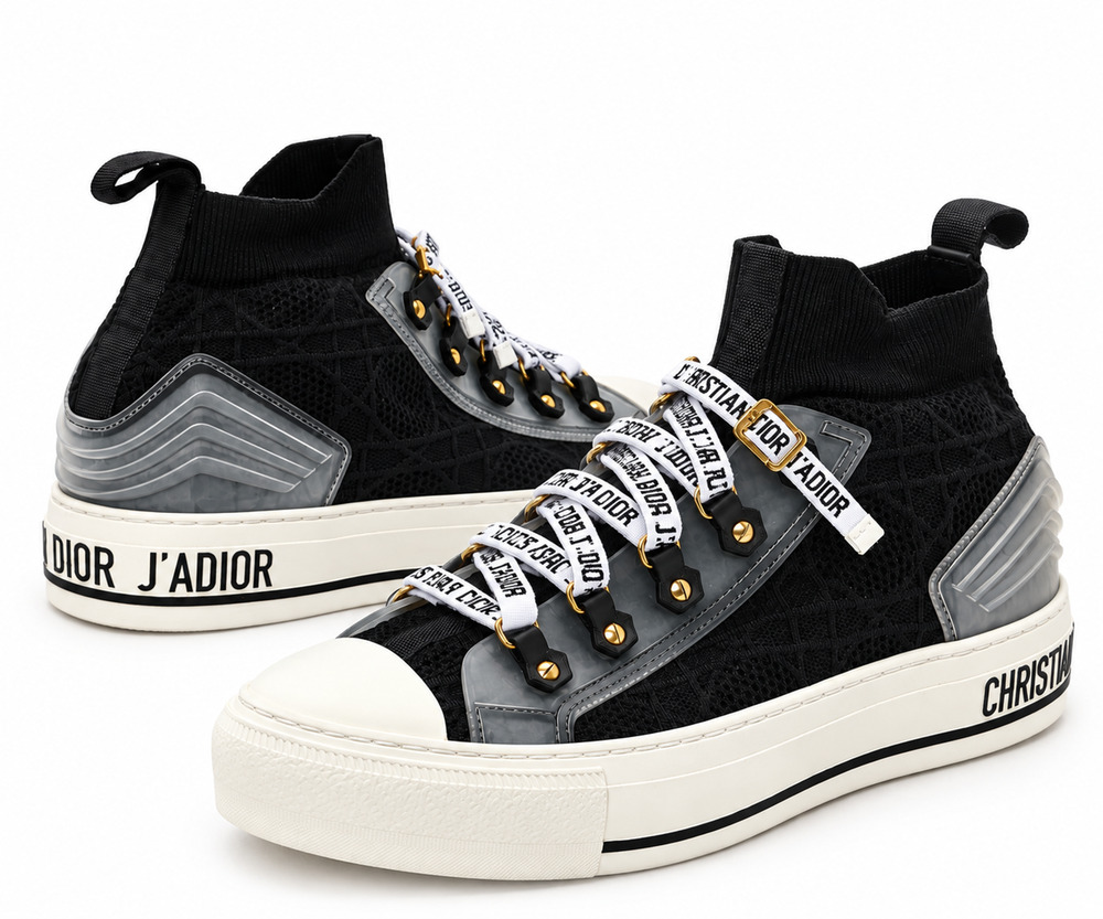 Christian Dior Walk'N'Dior Black Technical Knit High Top Sneakers Shoes Size 41